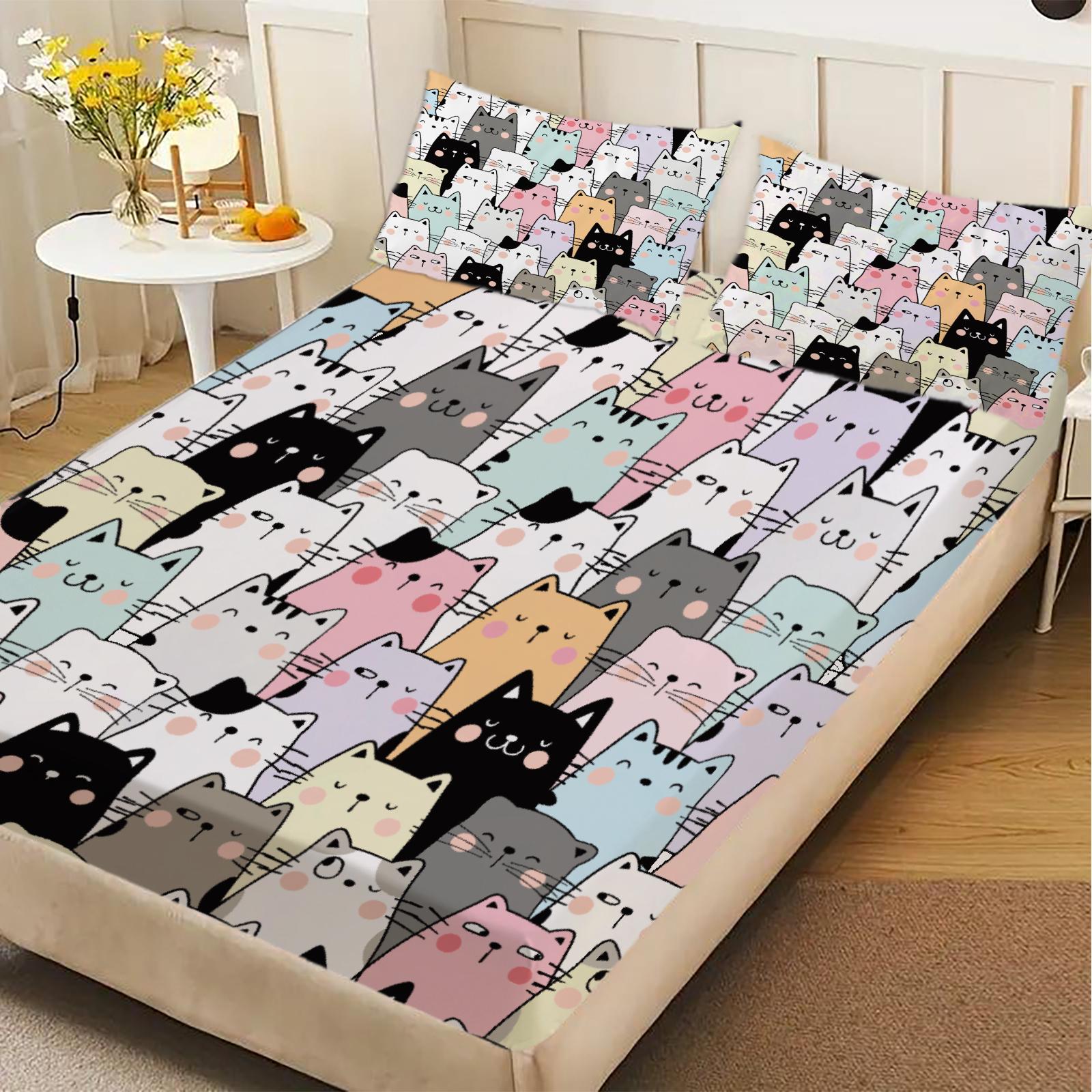 

3pcs Fitted Sheet Set Cute Cat Pattern Print Design Bed Sheet Easy Care Anti-Slip With Pillowcases For Bedroom Decor 99x190x25cm