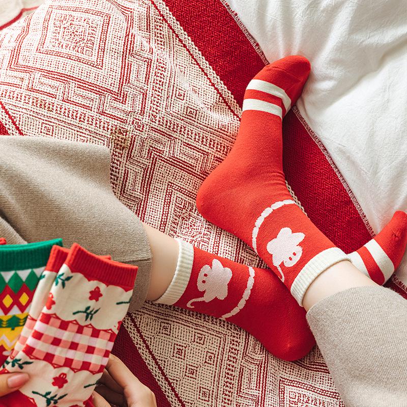 Women's Mid-Tube Red Christmas & New Year Socks - Trendy, Warm, Autumn/Winter Style
