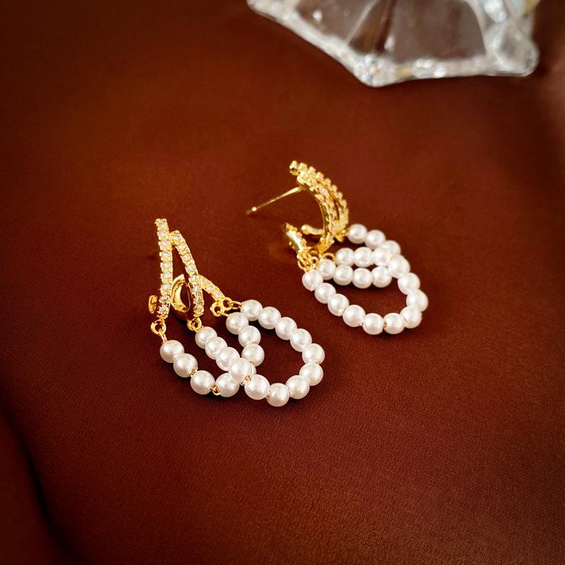 Retro Double Layer Pearl Tassel Stud Earrings - Real Gold Plated Fashion for Women