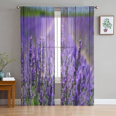 Flori mov lavandă Textură lemn Șifon Perdele transparente pentru Decor Living Dormitor Fereastră Voal Tulle Perdea Draperii
