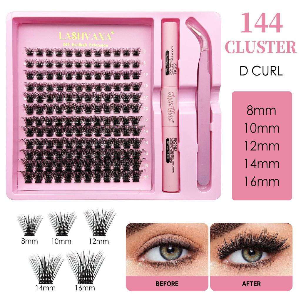 144pcs DIY Lash Extension Kit 8-16mm Individual Lashes Kit Trendy Lash Clusters  for Self-Use