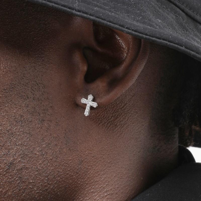 Silver Shiny Zircon Cross Stud Earrings for Women Men Punk Rock Earring Hiphop Ear Jewelry