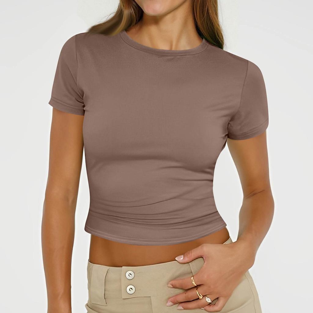Ladies Summer Fashion Casual Color Round Neck Short Sleeve Slim Ribbed Top