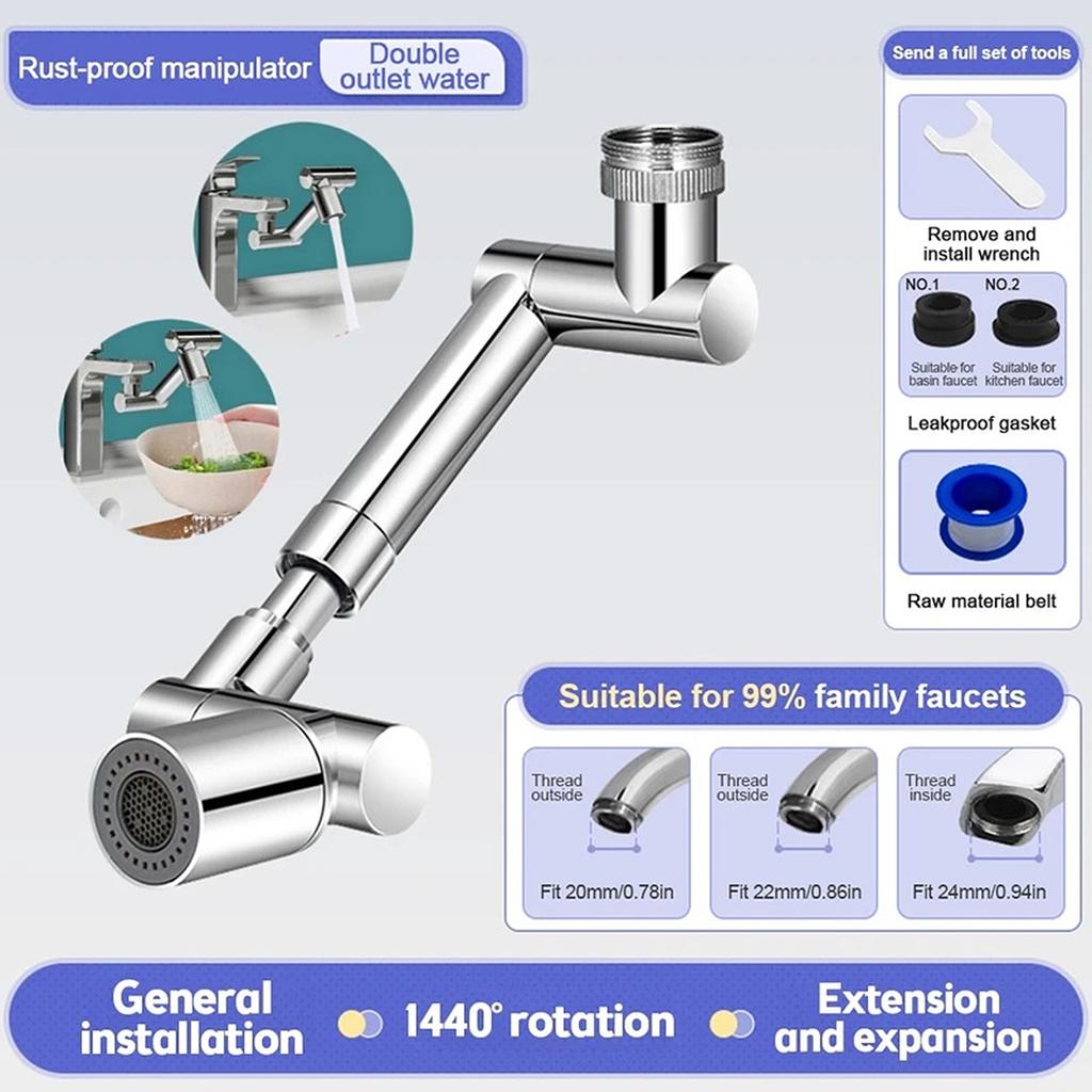 Retractable Universal 1440 °Swivel Robotic Arm Swivel Extension Faucet Aerator Kitchen Sink Faucet Extender 2 Water Flow Mode