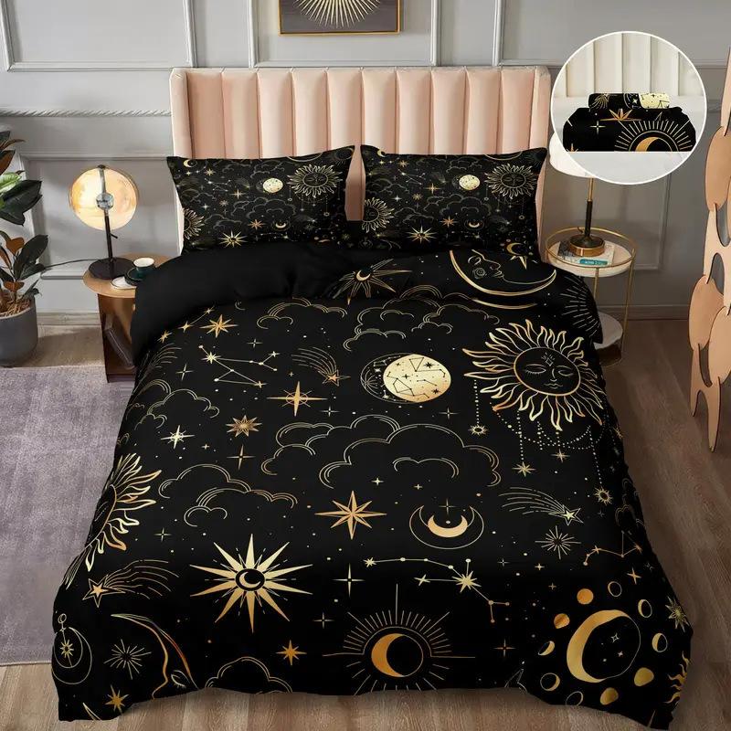 Boho Sun and Moon Duvet Cover Set Black White Floral Bedding Set Bohemian Exotic Comforter Covers Queen Bedroom Decor All Season