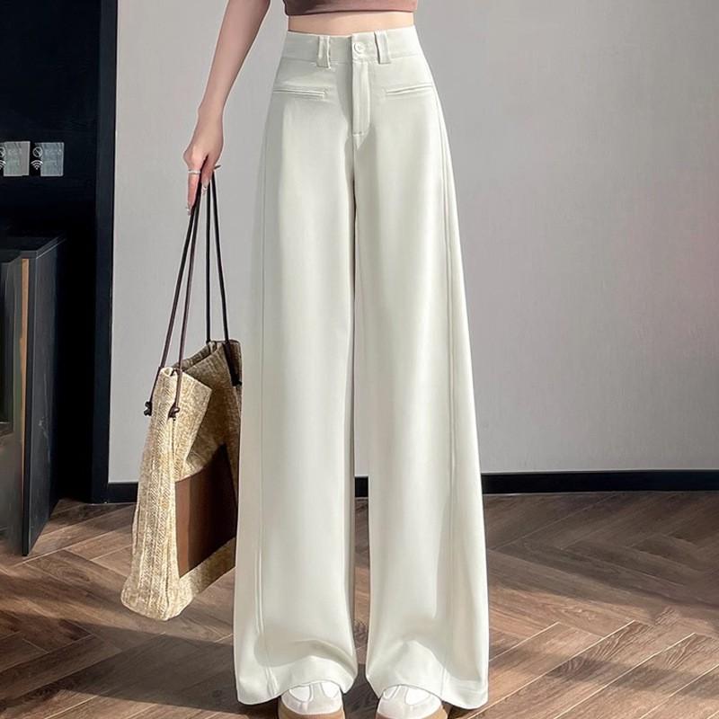 Womens High-Waisted Wide-Leg Trousers Gray Office Chic Loose Straight Pants With Flowy Drape