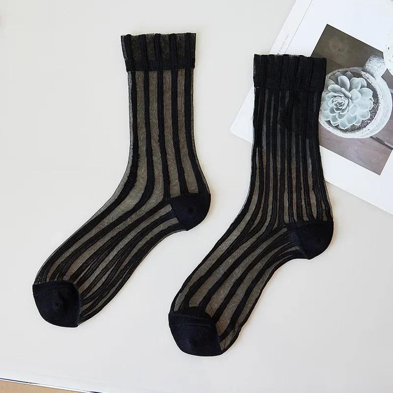 Summer Ultra-thin Women Socks Transparent Crystal Silk Socks Korean Fashion Striped Harajuku Streetwear Nylon Loose Long Socks