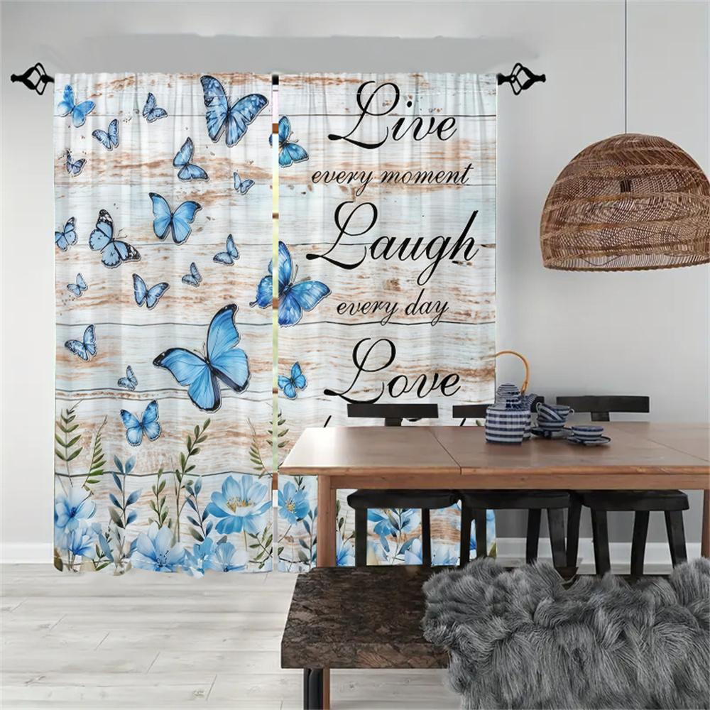 2Pcs Blue Flower Butterfly Curtains Motivational Text Pattern Living Room Bedroom Kids Room Sunshade Country Style Decor Curtain