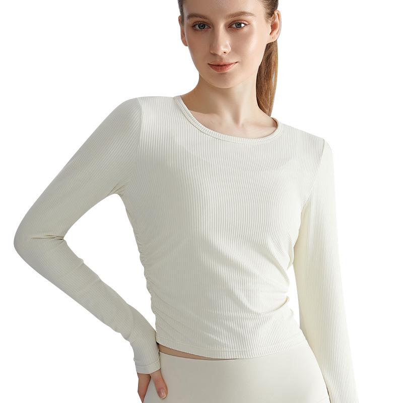 LAHN Women's Quick-Dry Long-Sleeve Sports Top, Breathable, Slim Fit, Side Pleats, Round Neck.