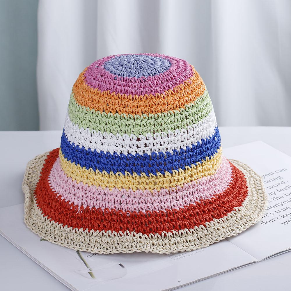 2021 Womens Straw Hat Rainbow Crochet Hand-made  Panamas UV Protection Sun Visor Beach Hats Women Visors Foldable Summer Sun Hat