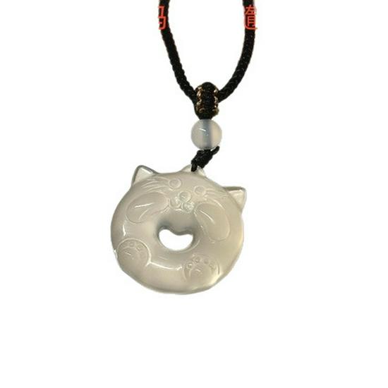 Ice-Type White Agate Totoro Cat Pendant Necklace Unisex Anime Jade Stone