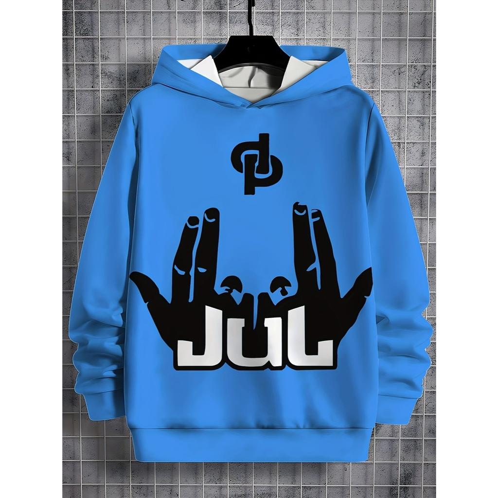 Boys' Hooded Sweatshirt, Rapper Gesture, Fun Gesture JUL Pattern, Blue Trendy and Fashionable Children's Clothing Top