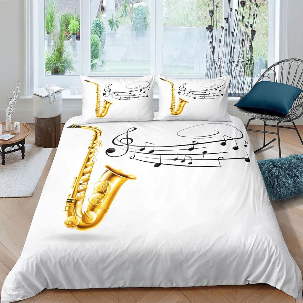 Saksofon Zestaw Poszewki na Kołdrę Obracające się Nuty Muzyczne Zestaw Pościeli Instrument Muzyczny Motyw Retro Muzyki Jazzowej Pojedyncza Poszwa na Kołdrę Dla Dzieci