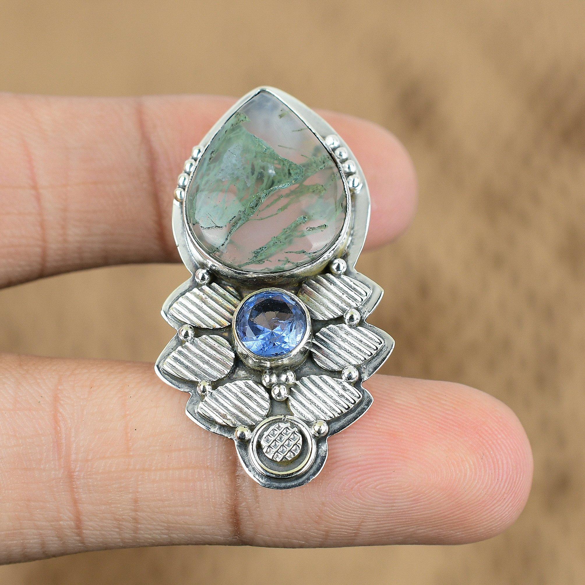 

Sterling Silver Natural Solar Moss Agate Tanzanite Quartz Handmade Wife Pendant