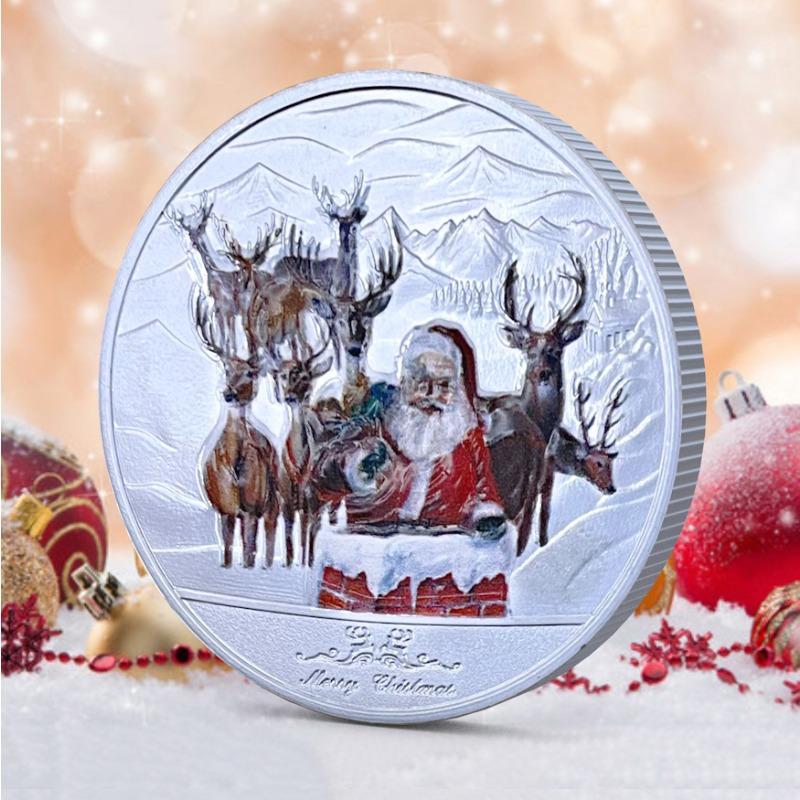 Christmas backpack decoration, commemorative coins, antique silver coins, Santa Claus, Christmas Eve, gifts, gold coins, silver coins, keychains