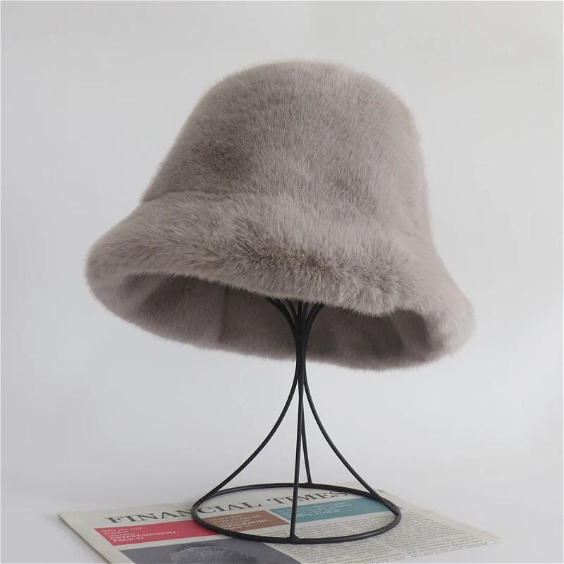 Winter Girls' Fashion Outdoor Hats, Warm Bucket Hats, High-quality Faux Mink Fur Hats, Russian Women's Hats