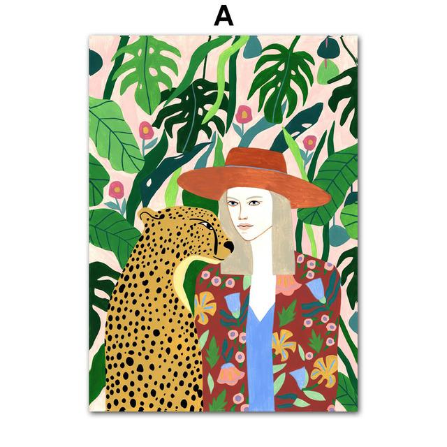 Girl Llamas Leopard Tiger Orange Vintage Tribe Posters And Prints Wall Art Canvas Painting Wall Pictures For Living Room Decor No Frame