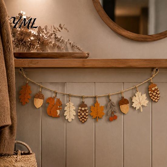 Sustainable Gift for Her Fall Wooden Garland Decor, Rustic Autumn Hanging Ornament with Squirrel Sun Bleached Wood Art Maple Leaf Pinecone,