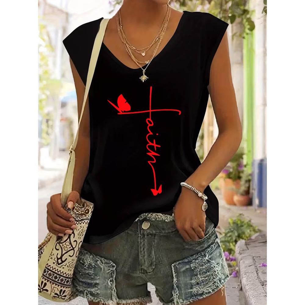 Butterfly romantic print V-neck top, versatile sleeveless vest S