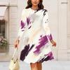 Women Plus Size Round Neck Long Sleeve Dark Teal Navy Gold Printed A Line Flared Dress
