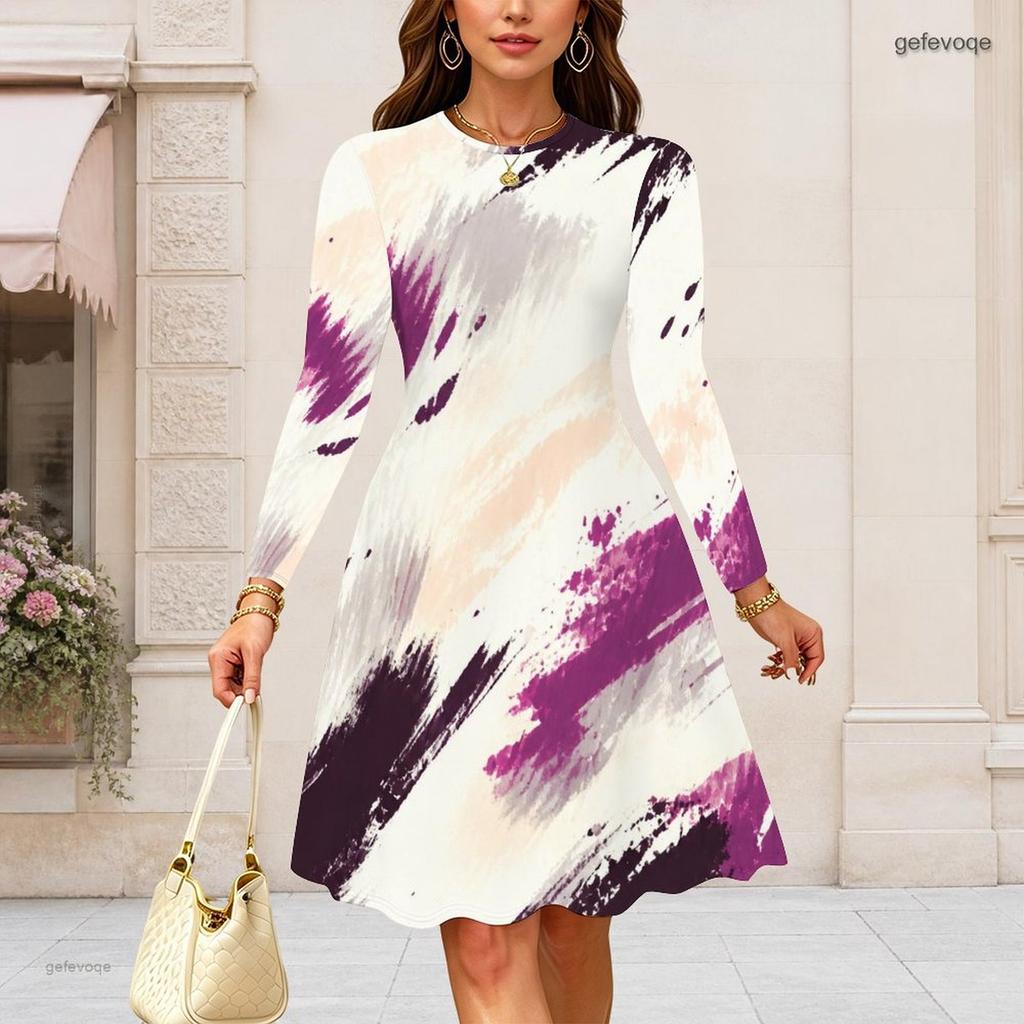Women Plus Size Round Neck Long Sleeve Dark Teal Navy Gold Printed A Line Flared Dress