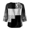 Women's Casual Patchwork Print Round Neck Three Quarter Sleeve Linen Cotton Blouse Lightweight Loose Fit Top for Everyday Wear