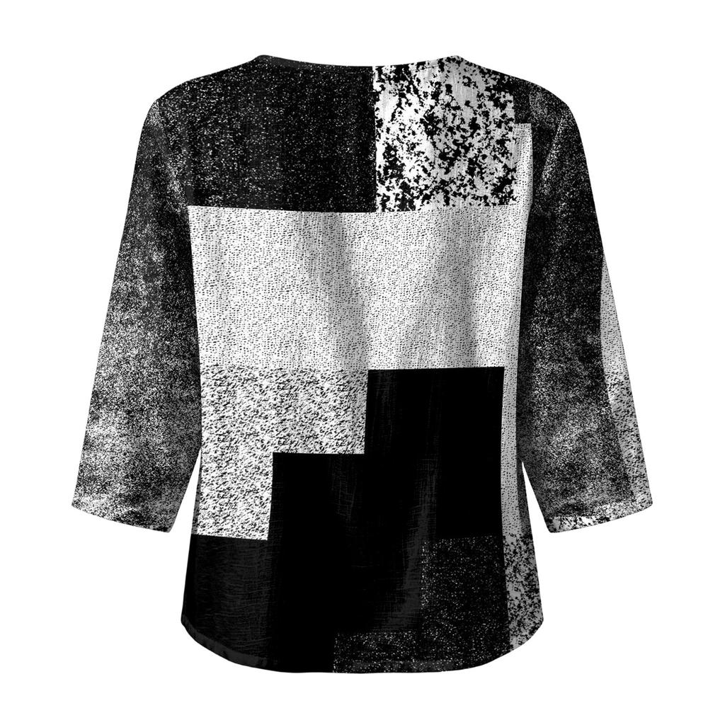 Women's Casual Patchwork Print Round Neck Three Quarter Sleeve Linen Cotton Blouse Lightweight Loose Fit Top for Everyday Wear
