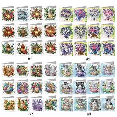 12 Packs Flower Lamp Animal DIY Diamond Art Greeting Cards Diamond Art Cards for Christmas Birthday Thanksgiving Day Holiday