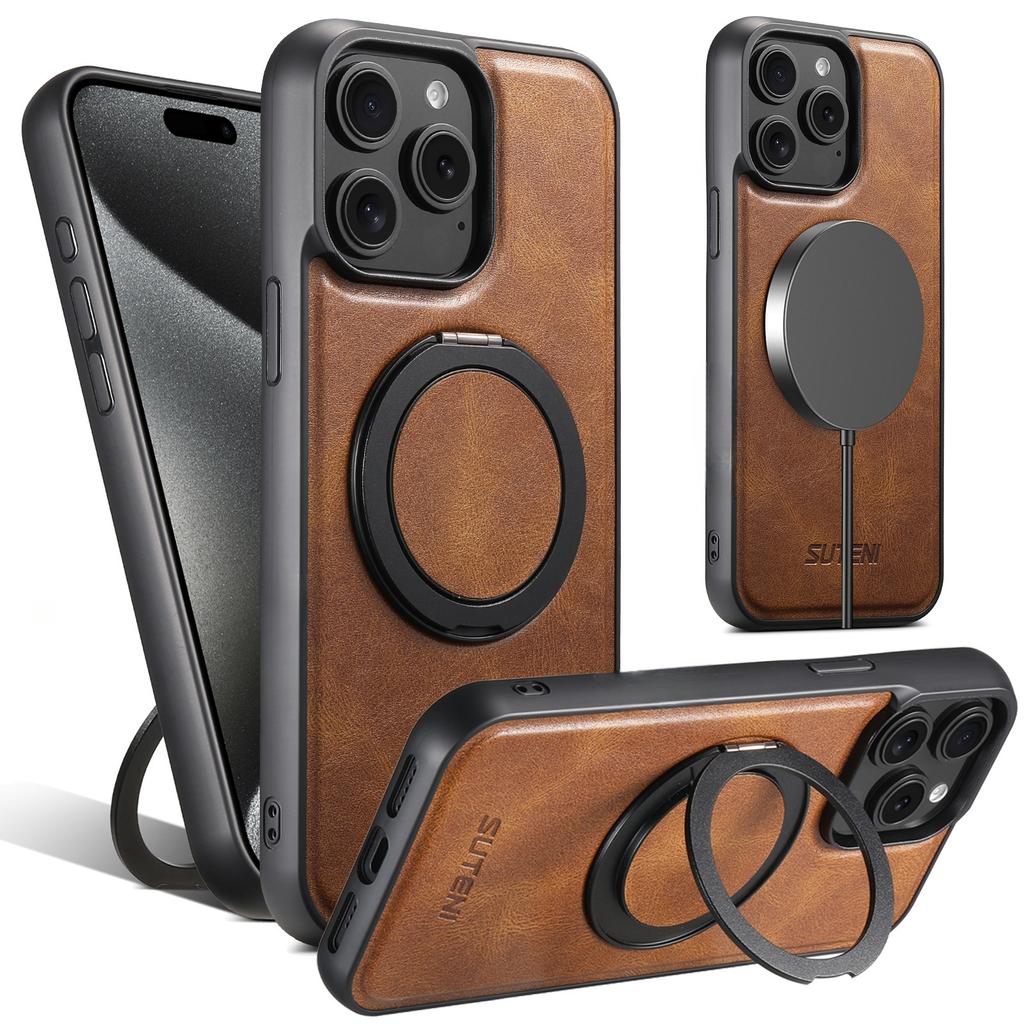 SUTENI G3 For iPhone 14 Pro Max Case Compatible with MagSafe Waxy Texture Rotating Kickstand Leather Phone Back Cover
