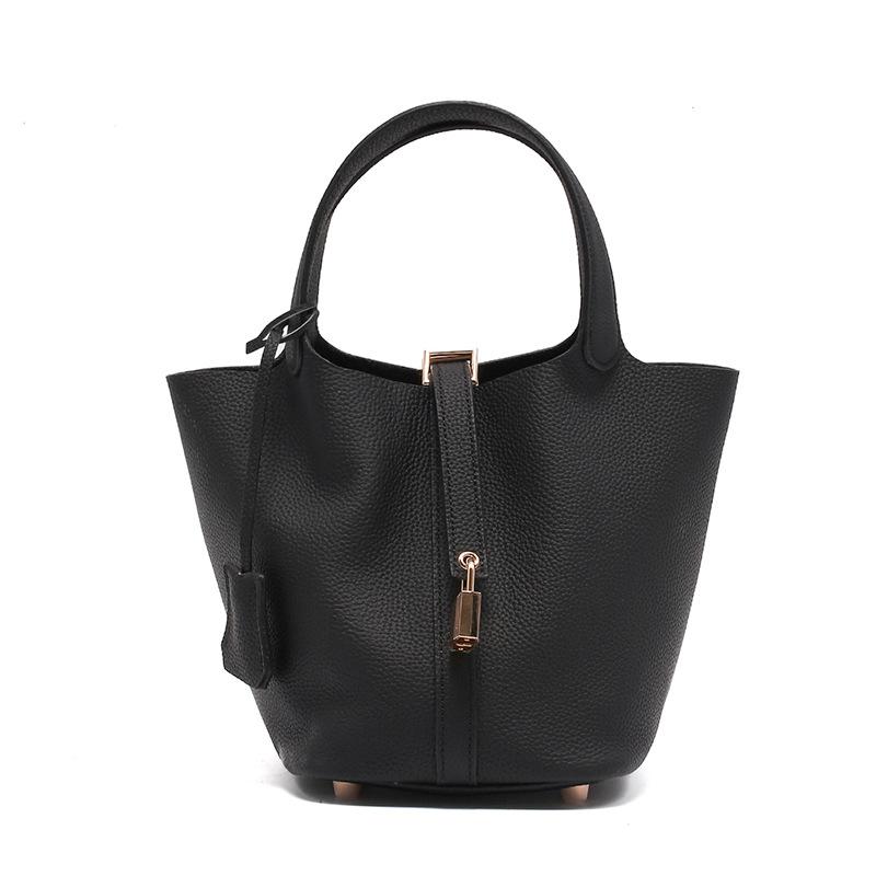 

Сумка из натуральной кожи высшего качества Женская сумка из натуральной кожи Сумка-ведро в стиле ретро Универсальная и модная сумка чёрный