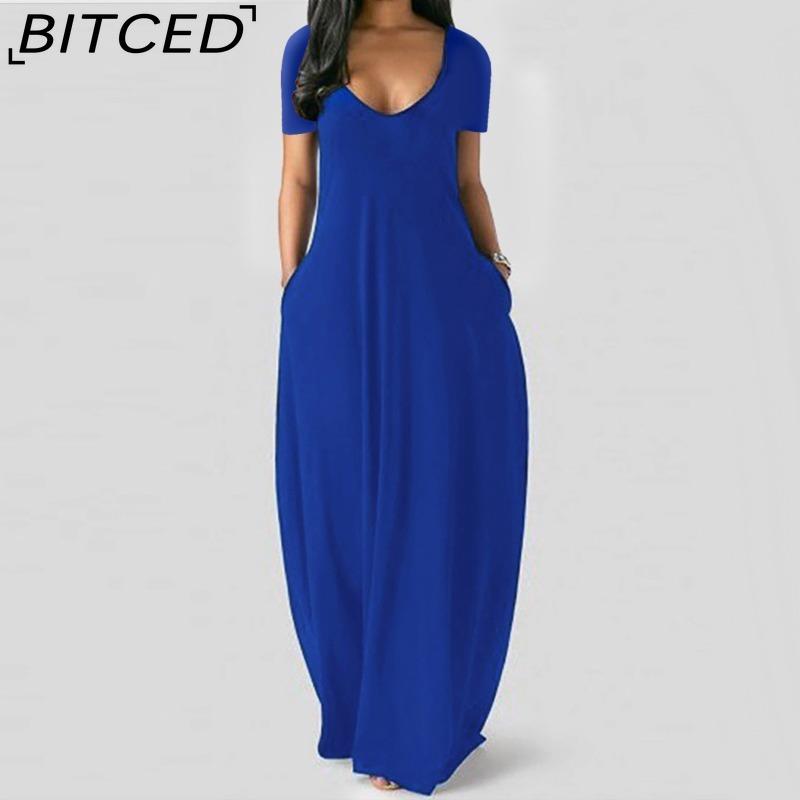 BITCED Summer Plus Size Women's Solid Colour Sensual Deep V-Neck Short-Sleeved Pocketed Maxi Dress