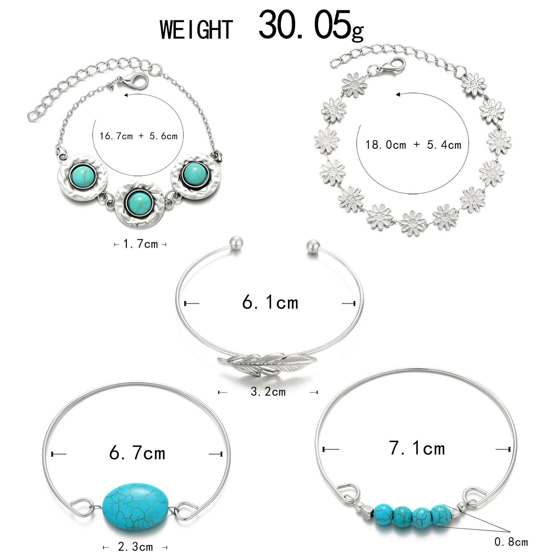 

Combination Bracelet, Retro Ethnic Style Turquoise Feather Flower 5-Piece Set Bracelet Bracelet