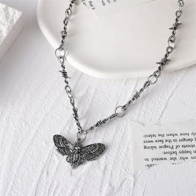 Women Necklace Moth Skeleton Pendant Thorn Hip Hop Hollow Gothic Solid Color Stainless Adjustable Length Wear-resistant Polished Neck Decoration