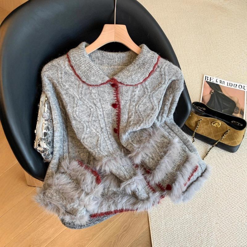 College Style Doll Collar Love Buckle Twist Knitted Cardigan Women's Soft Waxy Sweater Jacket Contrasting Colors and Fluffy High-end Sense