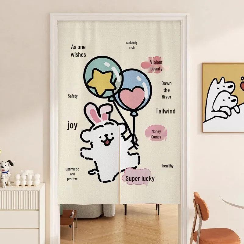 Cartoon Puppy Line Art Door Curtain: Privacy with Light-Permeable, No-Drill Hanging Design