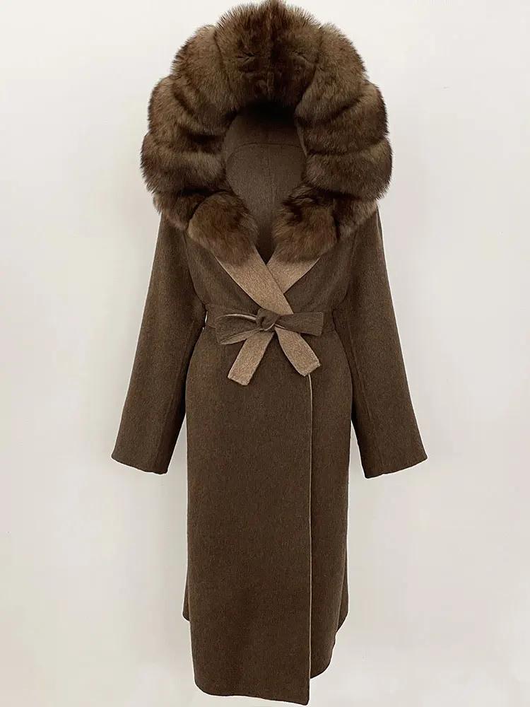 OFTBUY Winter Women Coat Real Natural Fox Fur Hooded Detachable Collar Double-faced Woolen Jacket Long Casual Elegant Overwears