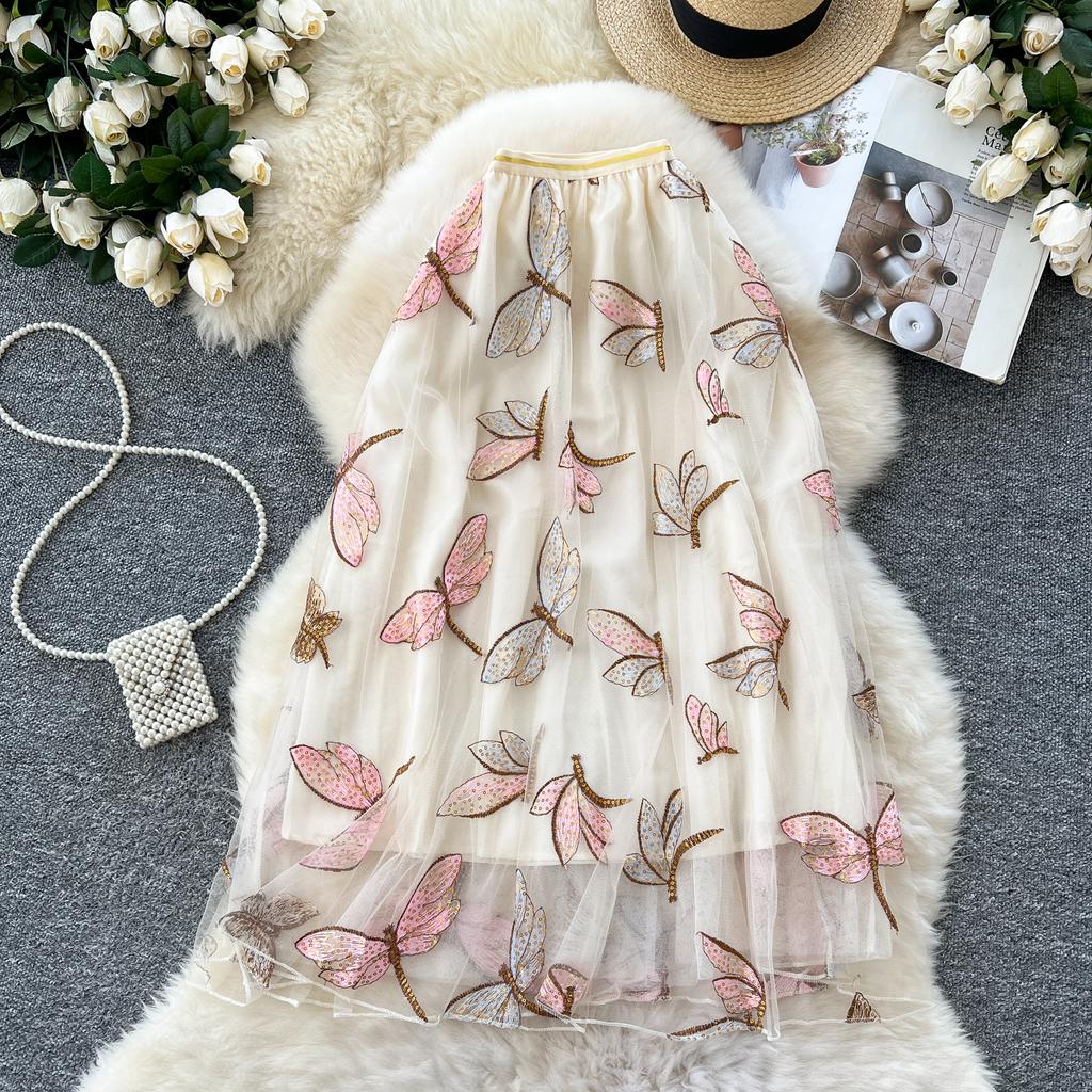 Letní dámská flitrovaná vyšívaná síťovaná sukně s vážkami