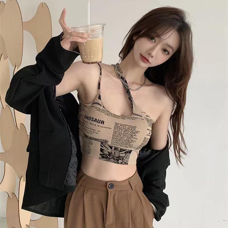 Ice Silk Newspaper Print Off-Shoulder Camisole Top for Women