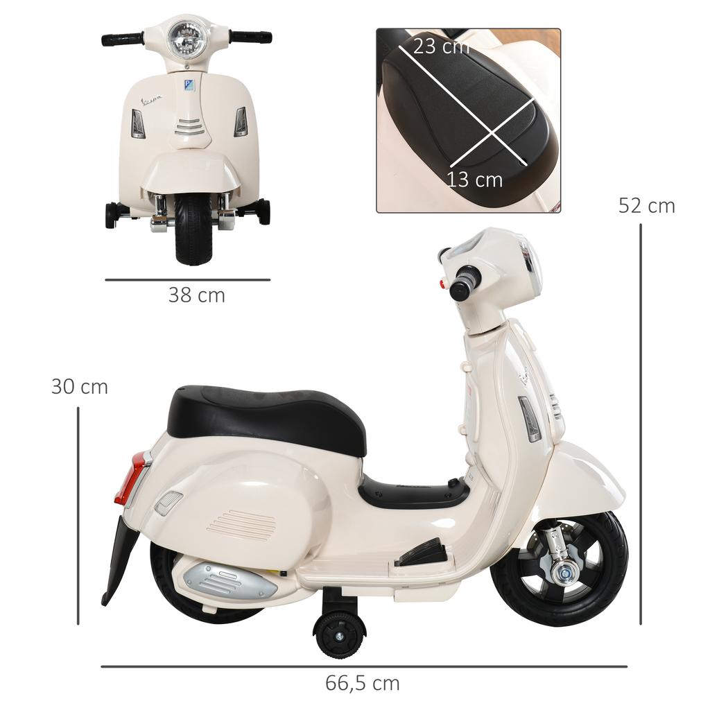 Motocicletta Elettrica per Bambini Vespa Moto Elettrica con Luce LED, Suono, Moto Elettrica per Bambini da 18-36 Mesi, Bianca