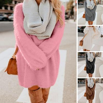Women's Furry Pullover Sweater Dress Fuzzy Slouchy Oversized Long Tops Loose Crew Neck Fall Short Mini Dress