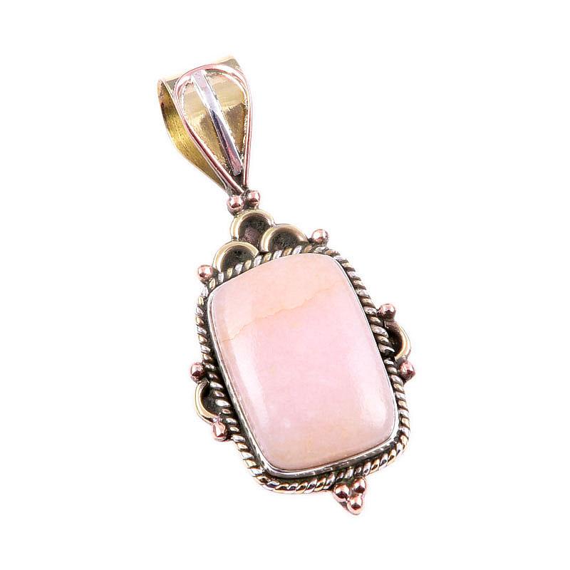 Natural Pink Opal Gemstone 925 Solid Sterling Silver Two Tone Pendant 1.5" t8V08