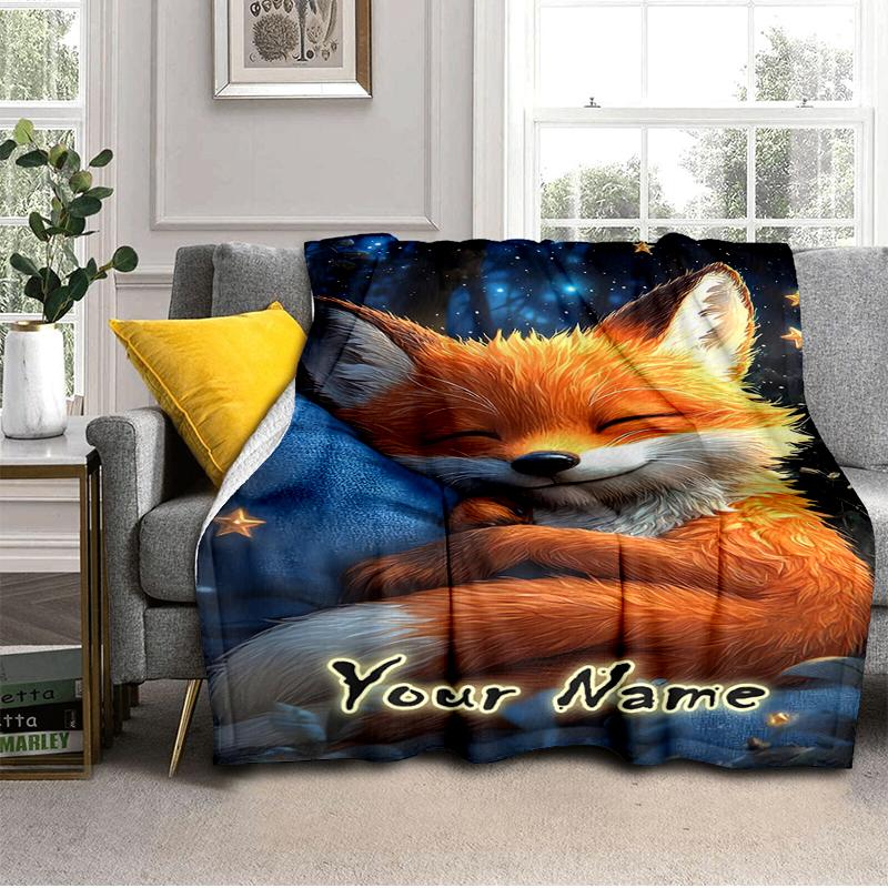 1PC Custom Name Fox Dreams Stars flannel blanket versatile,all-season throw suitable for the living room,bedroom,camping,travel,and gift
