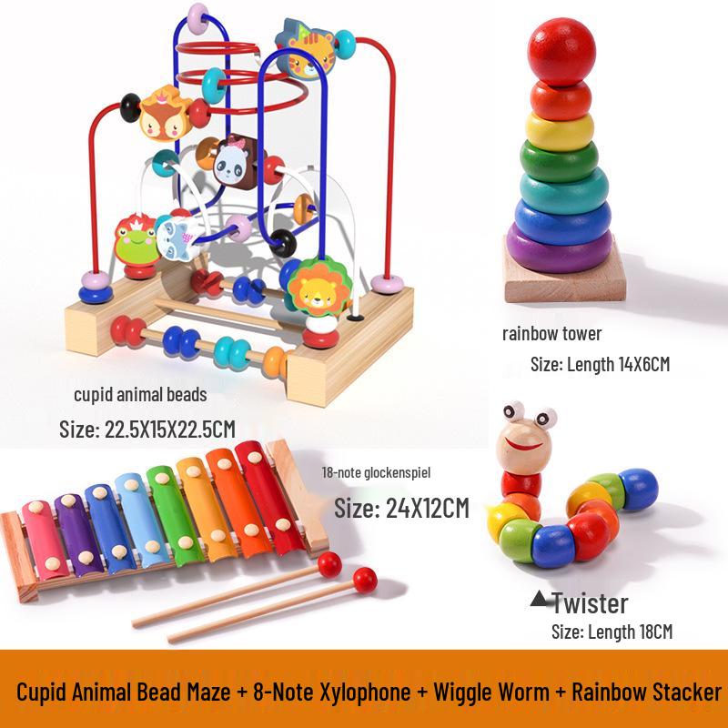 Multi-functional Animal Bead Maze: Wooden Three-Track Toy for Infant Hand-Eye Coordination & Early Education.