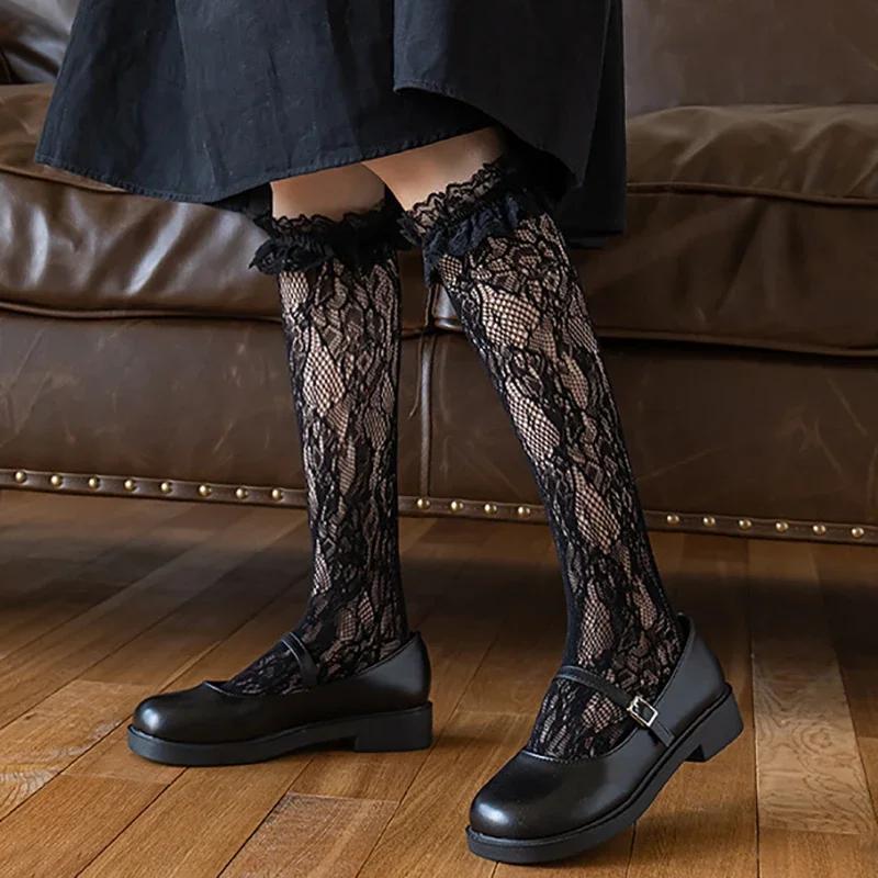 Meias JK Lolita de Renda e Malha Finas de Verão com Babados Brancas Pretas até o Joelho Longas para Meninas Crianças