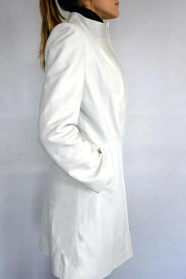 HEIßE Neue Frauen Weiß Trenchcoat Leder Echtes Lammfell Handgemachte Lange Party