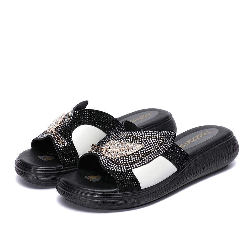 GKTINOO Women Slippers Shoes Genuine Leather Rhinestone Outside Slides Ladies Wedges Summer Beach thick sole Flip Flop