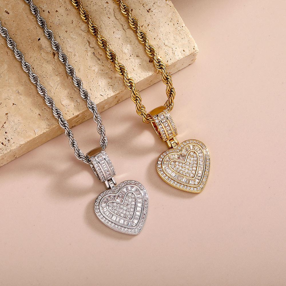 Gold Color Iced Out Heart Pendant Necklace For Men AAA+ Cubic Zirconia Stainless Steel Rope Chain hip-hop women's Accessories