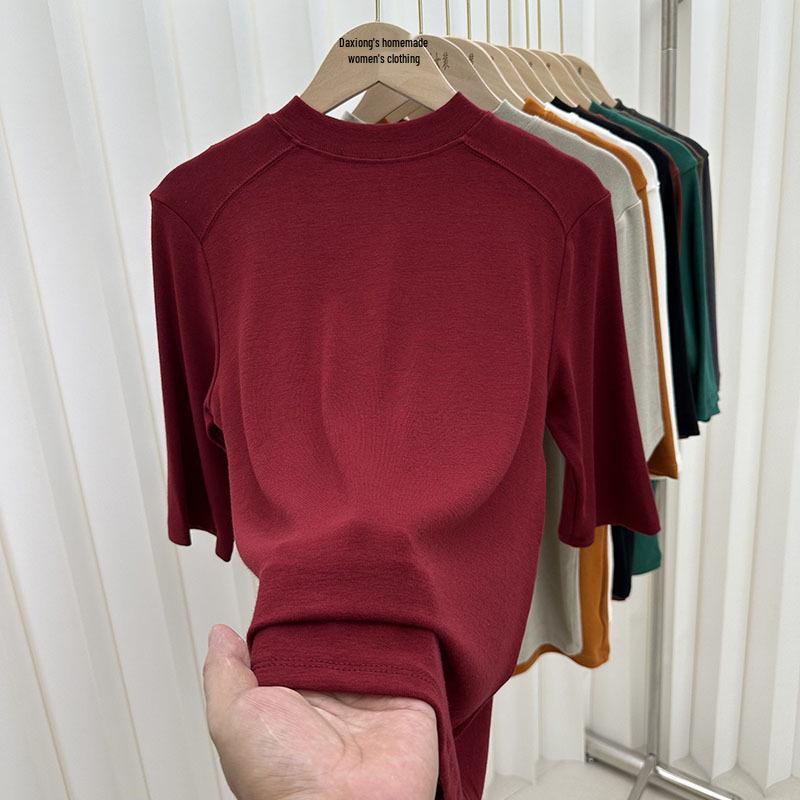 Women's Slimming Fit Mid-Sleeve T-Shirt with Stand-Up Collar - Versatile Autumn Fashion Top