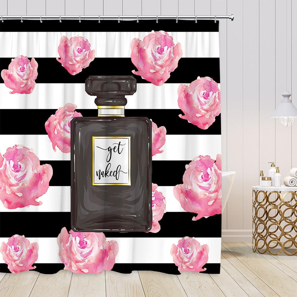Pink Perfume Shower Curtains Cosmetics High Heels Flowers Black White Stripes Bathroom Decor Girl Fashion Vintage Bath Curtain