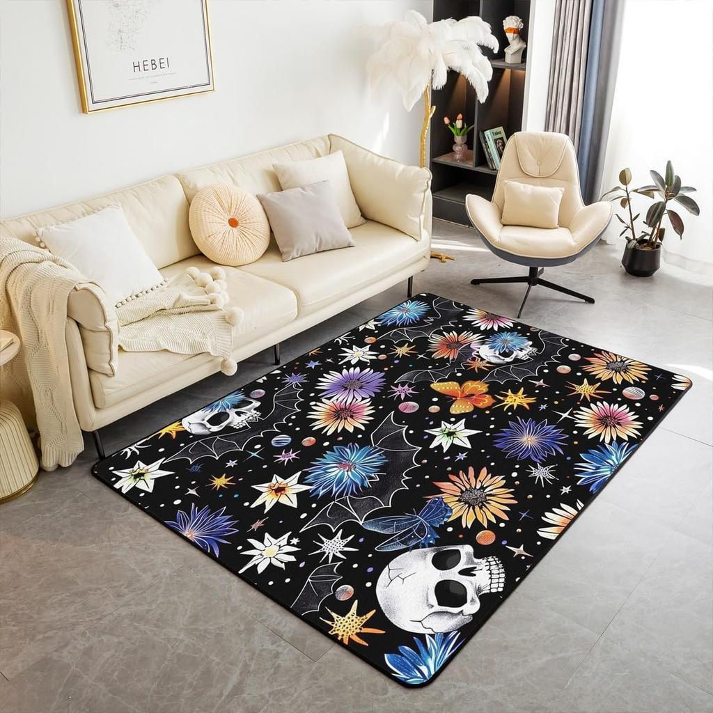 Erosebridal Moth Skull Moon Area Rug 4'11" X 3'3" Bohemian Stars Exotic Living Room Rugs Starry Sky Mysterious Decorative Carpet Black and W